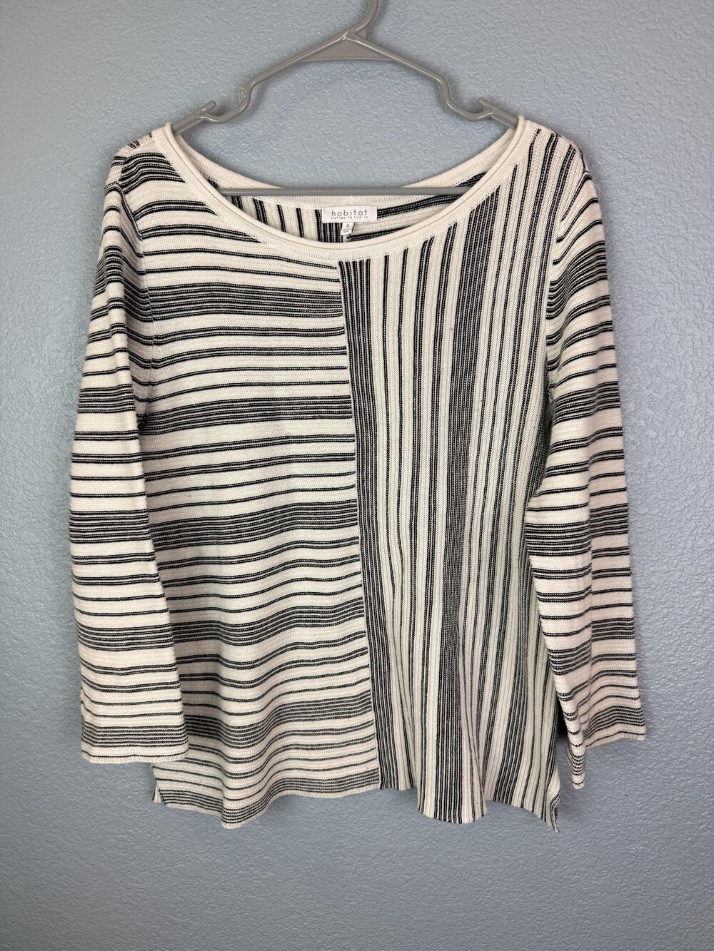 Habitat Sweater Womens Medium White Black Striped Boat Neck 3/4 Sleeve Knit